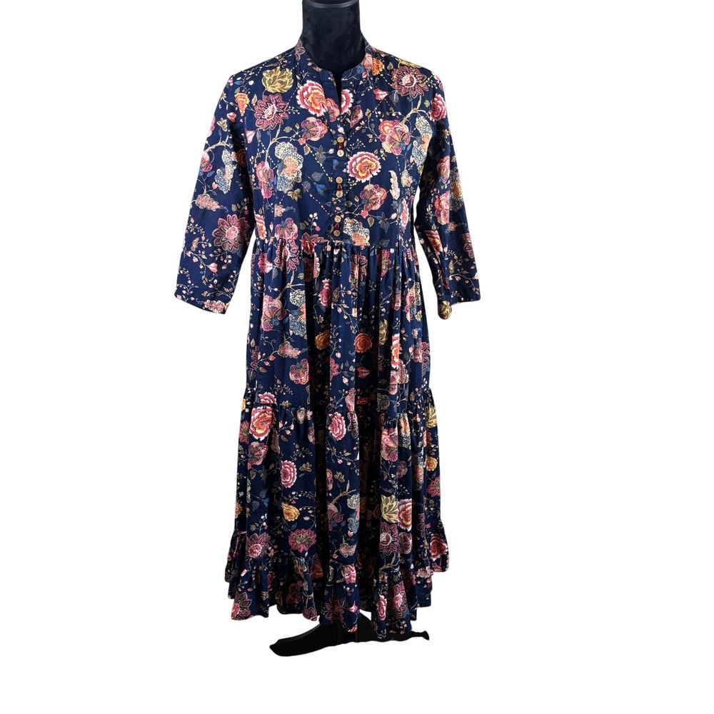 Boho Floral Navy Tiered Maxi Dress XL Embroidered Button Front 3/4 Sleeve